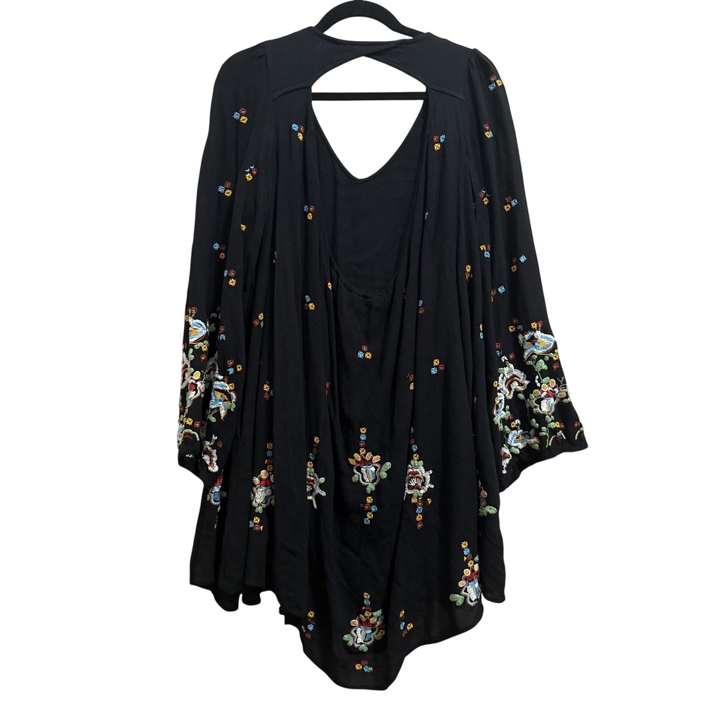 Free People Black Oxford Embroidered Cutout Back Mini Dress Boho Size Small - Picture 6 of 11